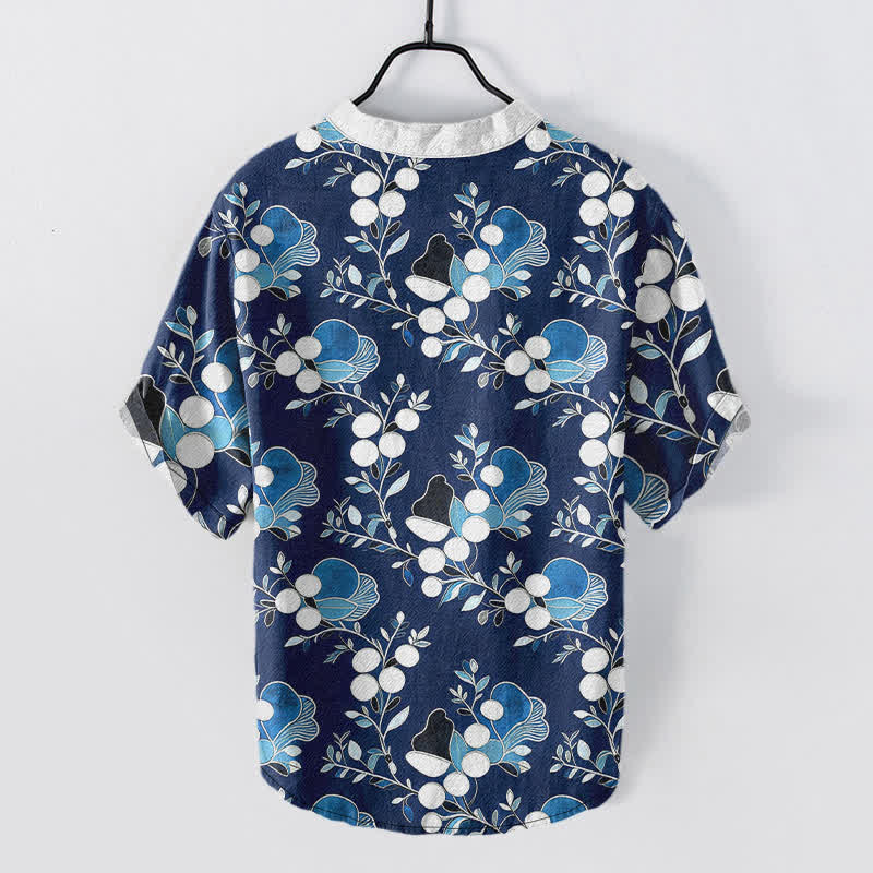 Buddha Stones Chemise homme à manches courtes et demi-boutonnages, motif floral et baies en coton - image 6