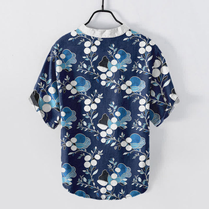 Buddha Stones Chemise homme à manches courtes et demi-boutonnages, motif floral et baies en coton - image 6