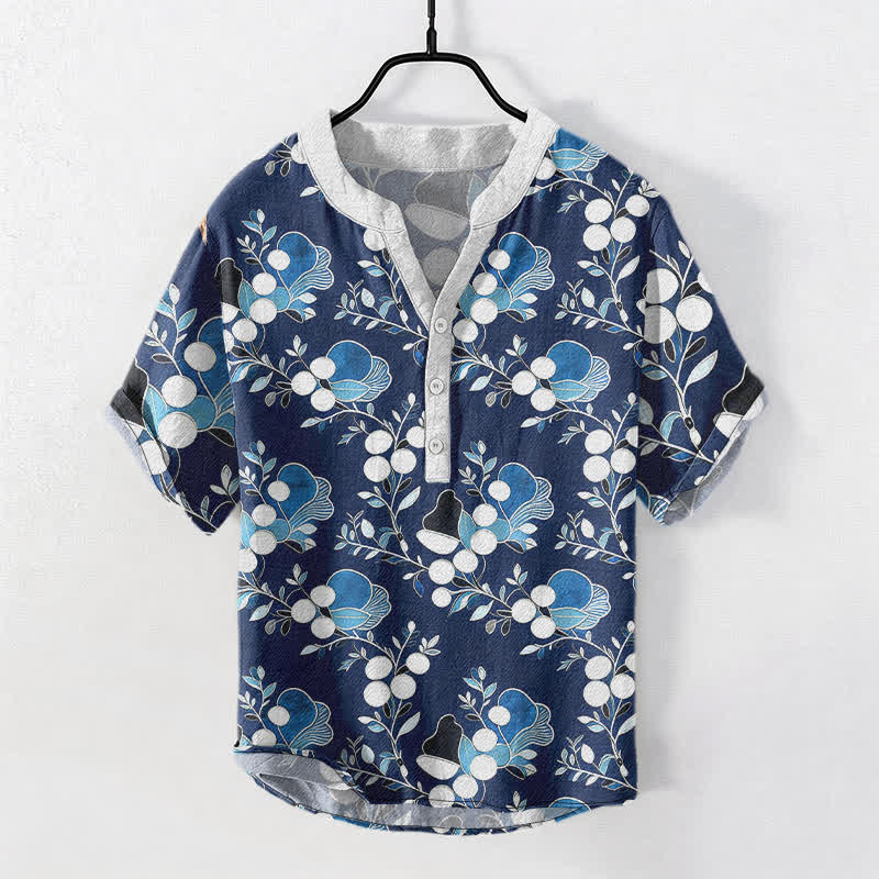 Buddha Stones Chemise homme à manches courtes et demi-boutonnages, motif floral et baies en coton - Marine - US/UK/AU50，EU60 (5XL) - image 5