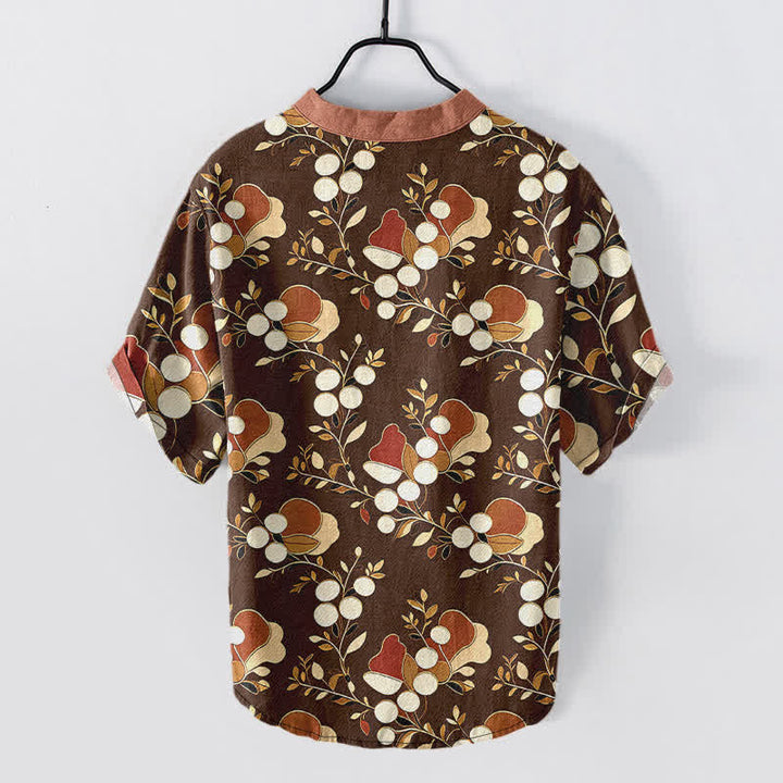 Buddha Stones Chemise homme à manches courtes et demi-boutonnages, motif floral et baies en coton - image 8