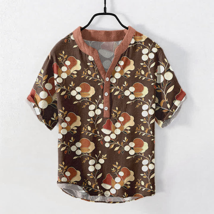 Buddha Stones Chemise homme à manches courtes et demi-boutonnages, motif floral et baies en coton - SaddleBrown - US/UK/AU50，EU60 (5XL) - image 7