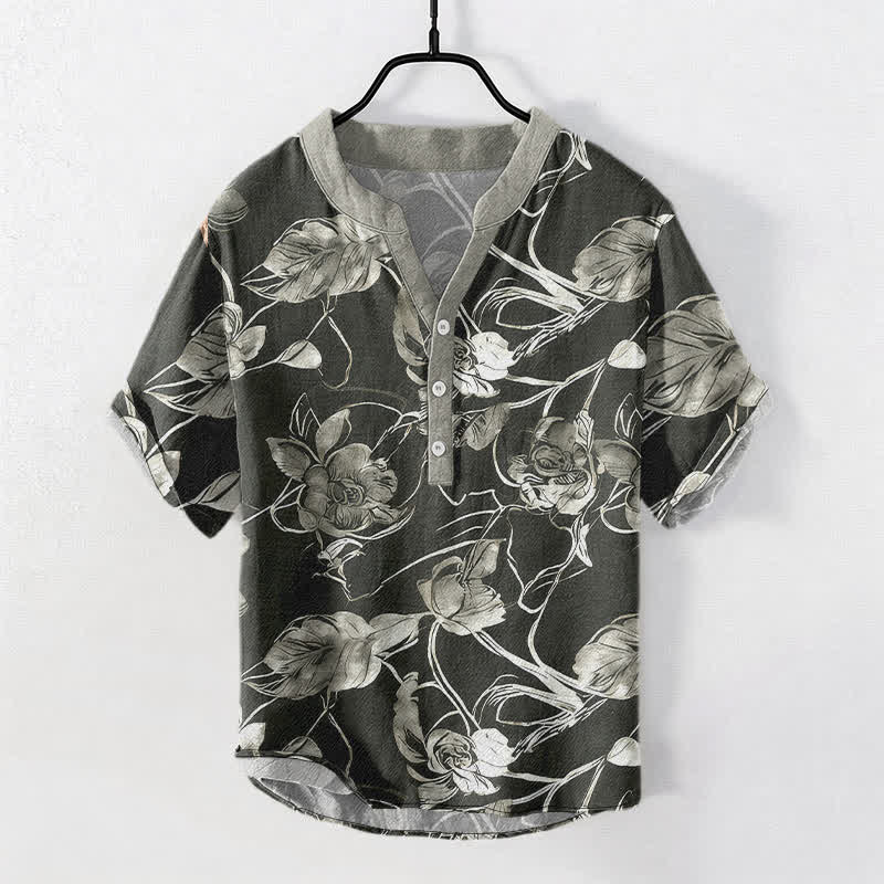 Buddha Stones Chemise homme à manches courtes et demi-boutonnée en coton à motif floral botanique. - Noir - US/UK/AU50，EU60 (5XL) - image 0