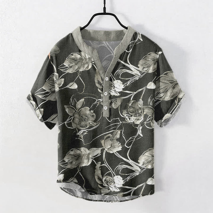 Buddha Stones Chemise homme à manches courtes et demi-boutonnée en coton à motif floral botanique. - Noir - US/UK/AU50，EU60 (5XL) - image 0