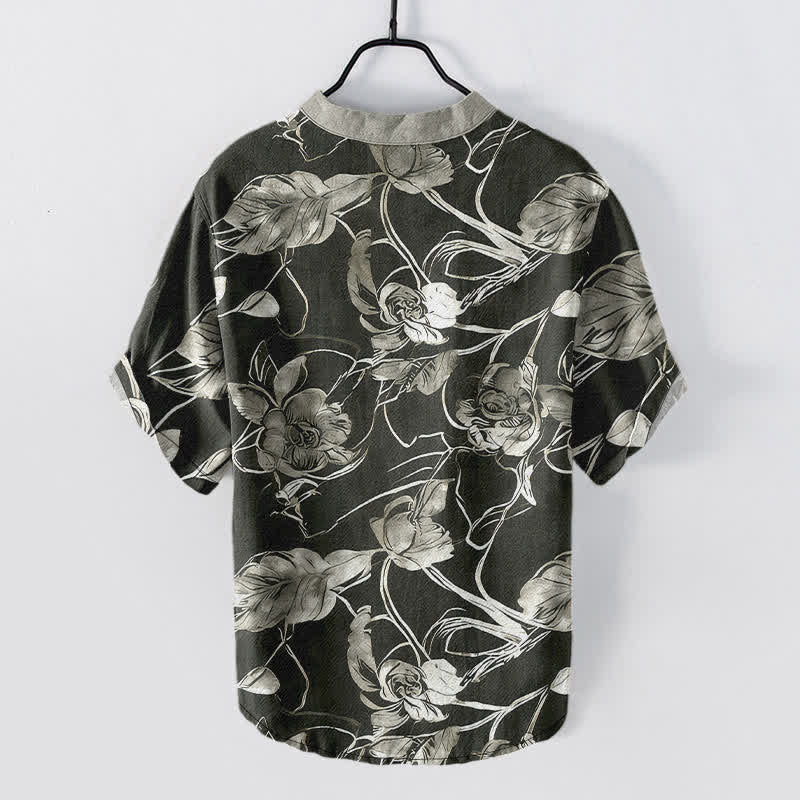 Buddha Stones Chemise homme à manches courtes et demi-boutonnée en coton à motif floral botanique. - image 1