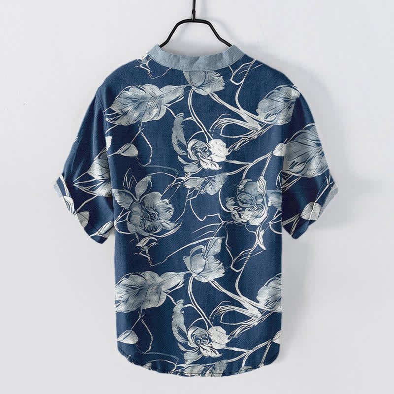 Buddha Stones Chemise homme à manches courtes et demi-boutonnée en coton à motif floral botanique. - image 6