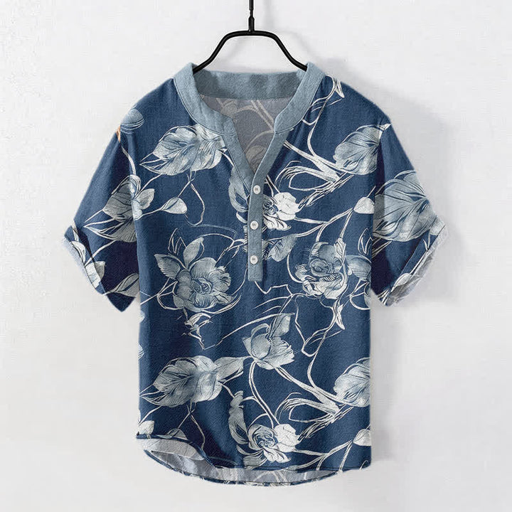 Buddha Stones Chemise homme à manches courtes et demi-boutonnée en coton à motif floral botanique. - SteelBlue - US/UK/AU50，EU60 (5XL) - image 5