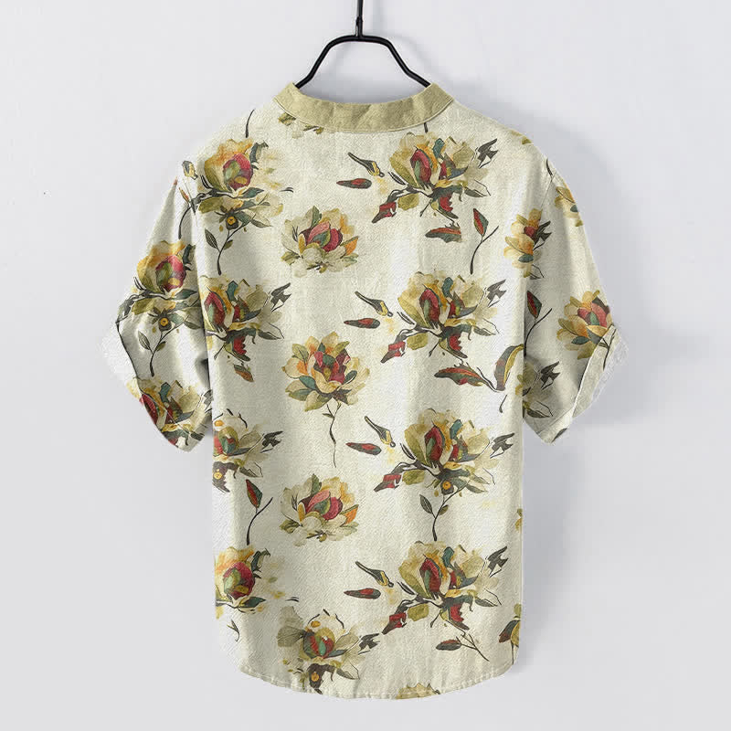 Buddha Stones Chemise homme à manches courtes et demi-boutons en coton à motif floral vintage. - image 1