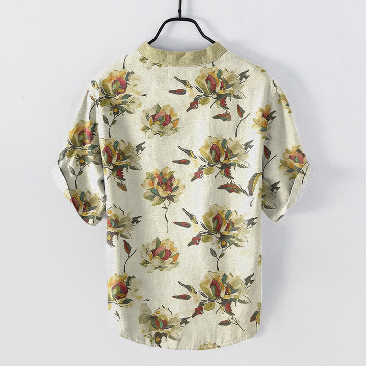 Buddha Stones Chemise homme à manches courtes et demi-boutons en coton à motif floral vintage. - image 1