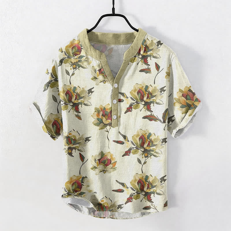Buddha Stones Chemise homme à manches courtes et demi-boutons en coton à motif floral vintage. - Lin - US/UK/AU50，EU60 (5XL) - image 0