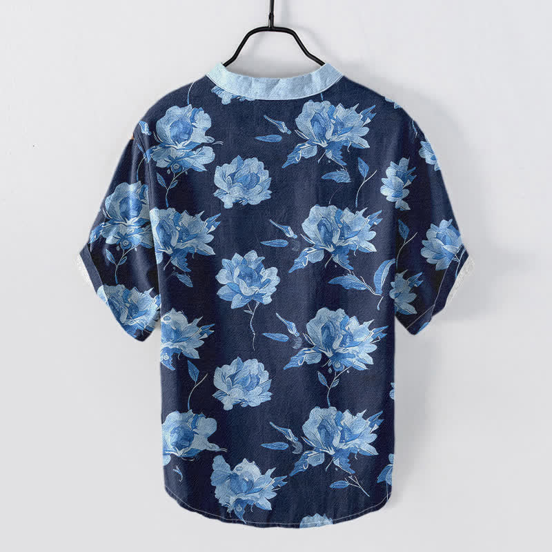 Buddha Stones Chemise homme à manches courtes et demi-boutons en coton à motif floral vintage. - image 4