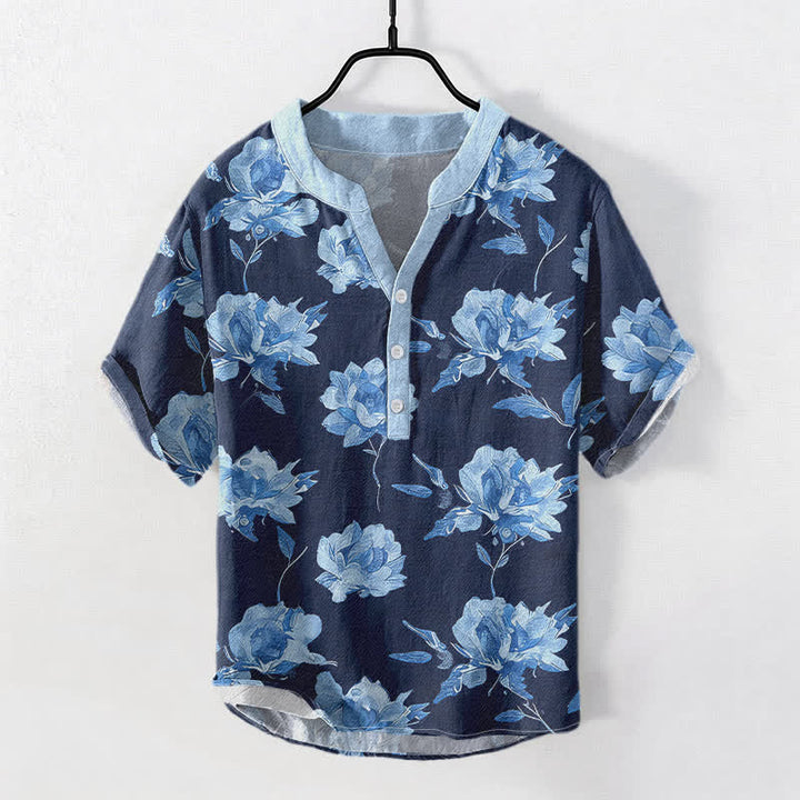Buddha Stones Chemise homme à manches courtes et demi-boutons en coton à motif floral vintage. - Marine - US/UK/AU50，EU60 (5XL) - image 3
