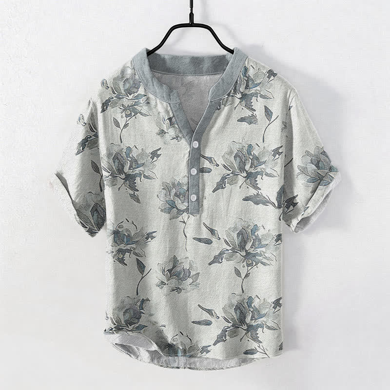 Buddha Stones Chemise homme à manches courtes et demi-boutons en coton à motif floral vintage. - Gris clair - US/UK/AU50，EU60 (5XL) - image 5