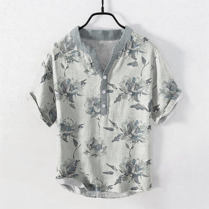Buddha Stones Chemise homme à manches courtes et demi-boutons en coton à motif floral vintage. - Gris clair - US/UK/AU50，EU60 (5XL) - image 5