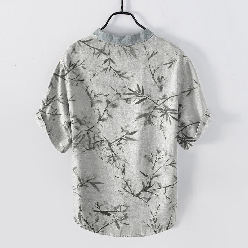 Buddha Stones Chemise homme à manches courtes et demi-boutons, motif encre de bambou et coton - image 1