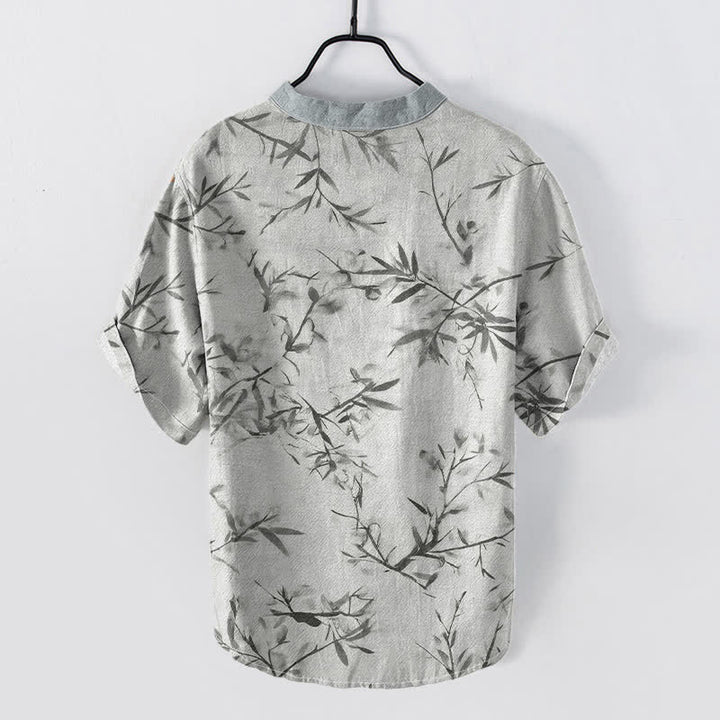Buddha Stones Chemise homme à manches courtes et demi-boutons, motif encre de bambou et coton - image 1