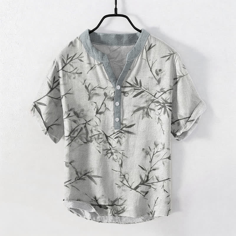Buddha Stones Chemise homme à manches courtes et demi-boutons, motif encre de bambou et coton - Gris clair - US/UK/AU50，EU60 (5XL) - image 0