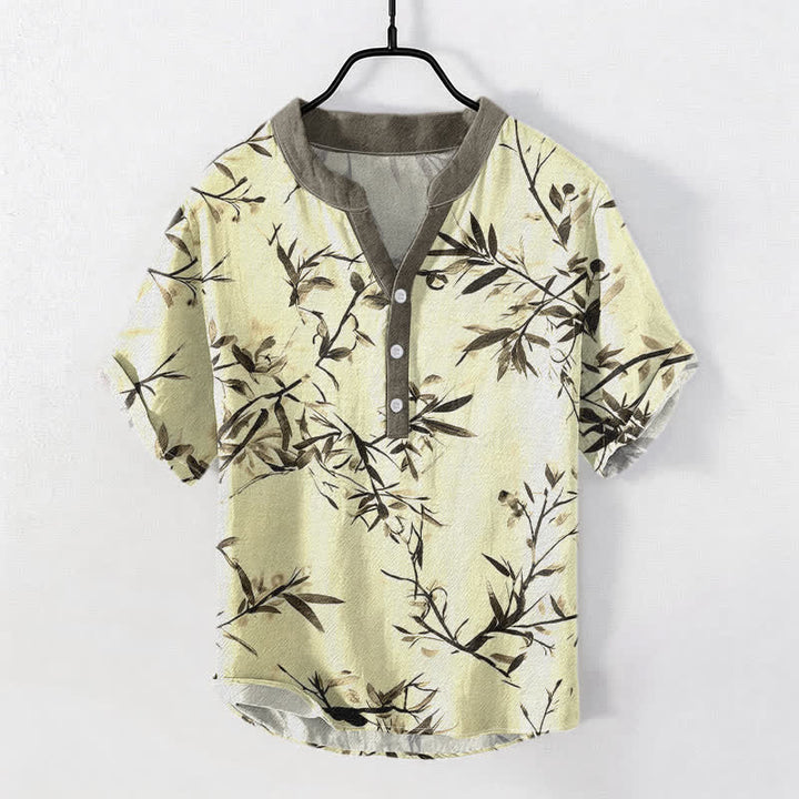 Buddha Stones Chemise homme à manches courtes et demi-boutons, motif encre de bambou et coton - Jaune clair - US/UK/AU50，EU60 (5XL) - image 3