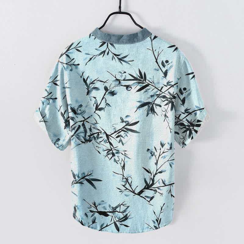 Buddha Stones Chemise homme à manches courtes et demi-boutons, motif encre de bambou et coton - image 6