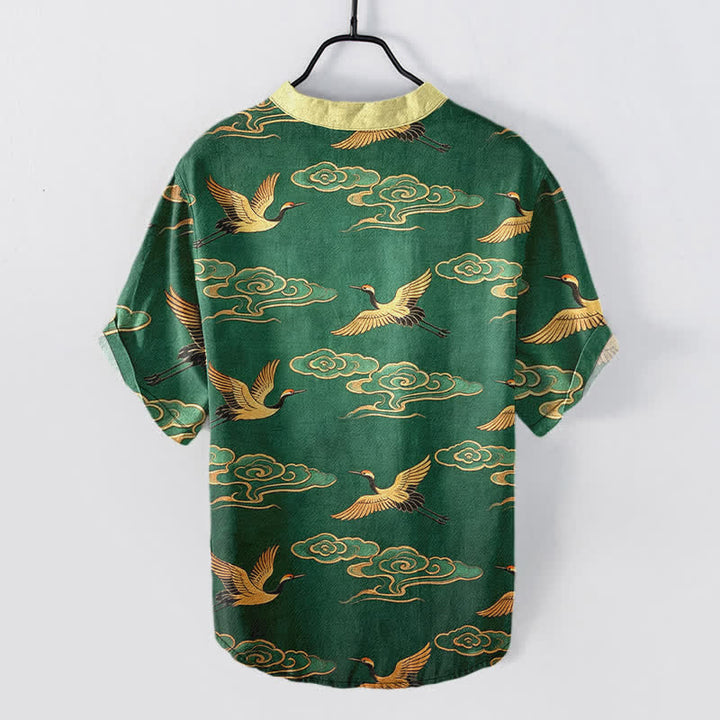 Buddha Stones Chemise homme à manches courtes et demi-boutonnée, motif grue dorée et nuages ​​porte-bonheur, en coton - image 1