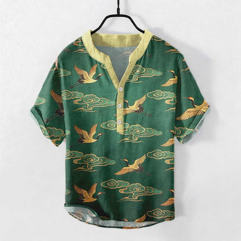Buddha Stones Chemise homme à manches courtes et demi-boutonnée, motif grue dorée et nuages ​​porte-bonheur, en coton - Vert forêt - US/UK/AU50，EU60 (5XL) - image 0