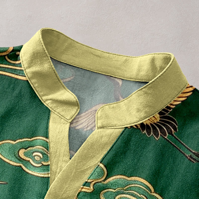 Buddha Stones Chemise homme à manches courtes et demi-boutonnée, motif grue dorée et nuages ​​porte-bonheur, en coton - image 2