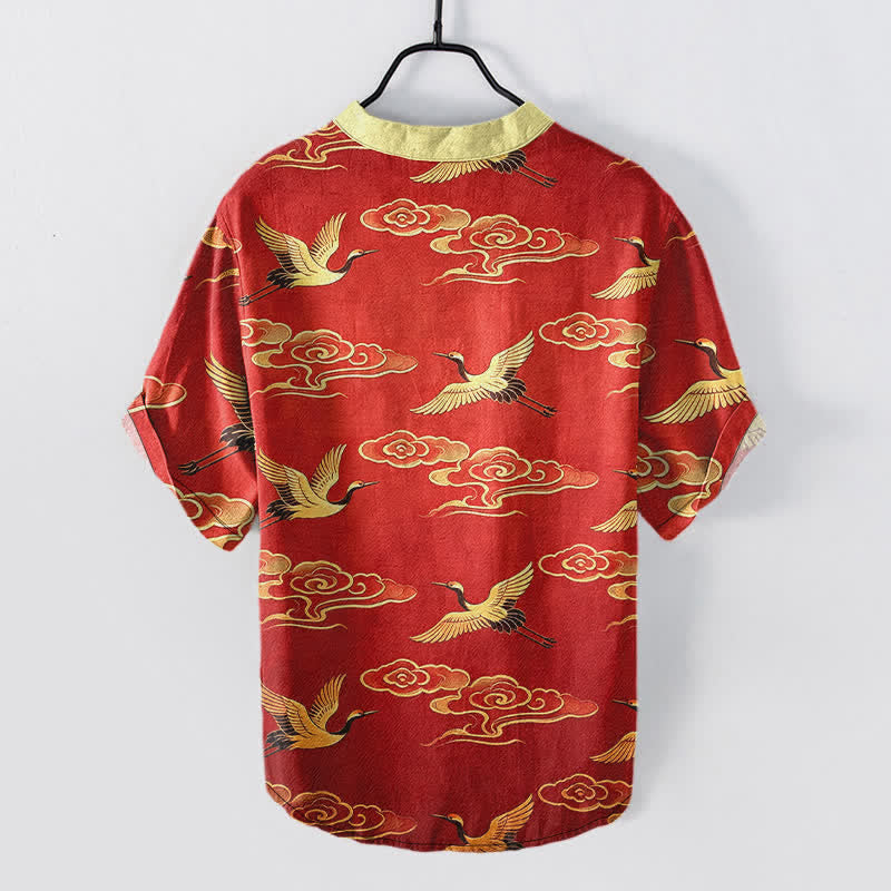 Buddha Stones Chemise homme à manches courtes et demi-boutonnée, motif grue dorée et nuages ​​porte-bonheur, en coton - image 6