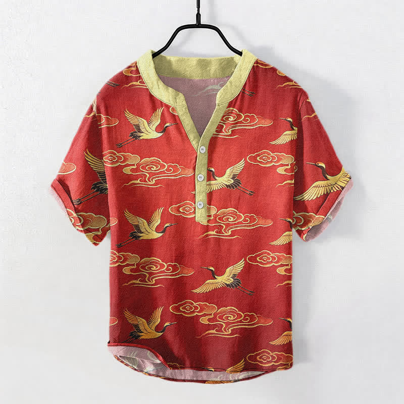 Buddha Stones Chemise homme à manches courtes et demi-boutonnée, motif grue dorée et nuages ​​porte-bonheur, en coton - Cramoisi - US/UK/AU50，EU60 (5XL) - image 5