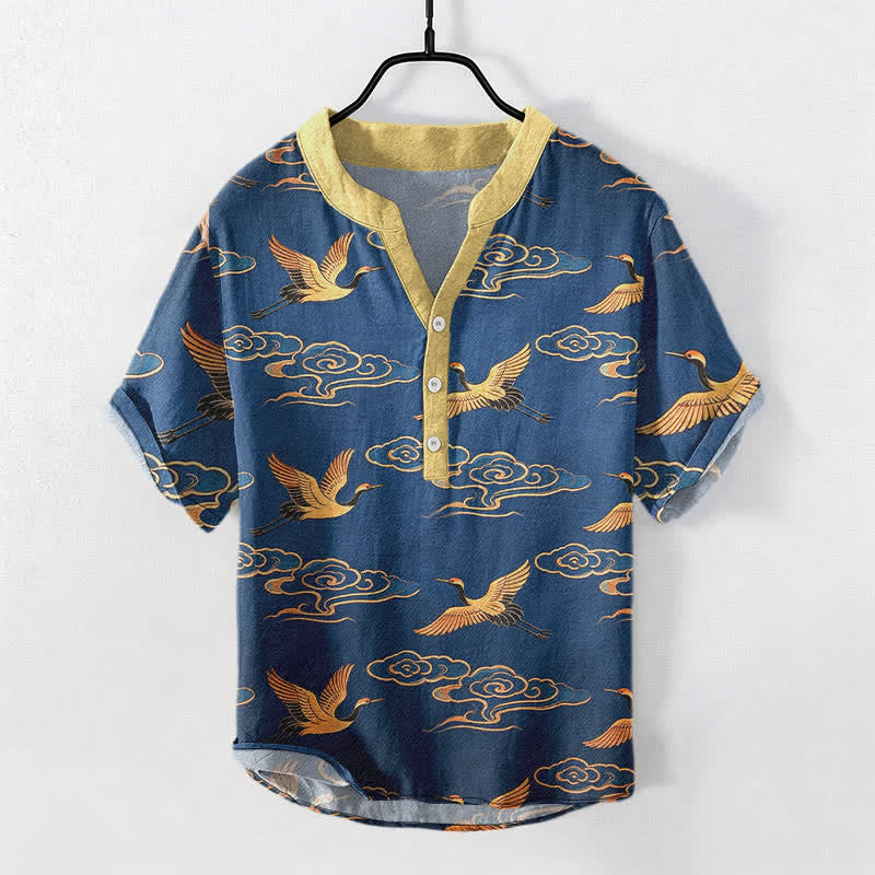 Buddha Stones Chemise homme à manches courtes et demi-boutonnée, motif grue dorée et nuages ​​porte-bonheur, en coton - SteelBlue - US/UK/AU50，EU60 (5XL) - image 7
