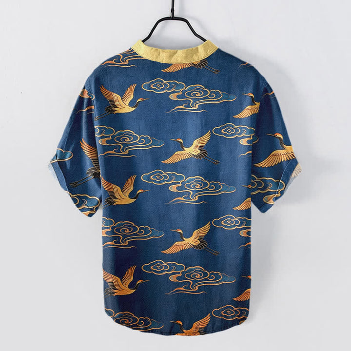 Buddha Stones Chemise homme à manches courtes et demi-boutonnée, motif grue dorée et nuages ​​porte-bonheur, en coton - image 8