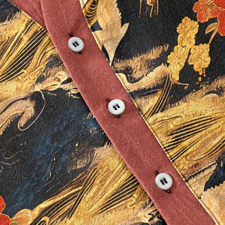 Buddha Stones Chemise homme à manches courtes et demi-boutons en coton blanc vintage à motif de grues et pivoines - image 3