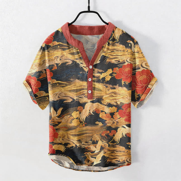 Buddha Stones Chemise homme à manches courtes et demi-boutons en coton blanc vintage à motif de grues et pivoines - Noir - US/UK/AU50，EU60 (5XL) - image 0
