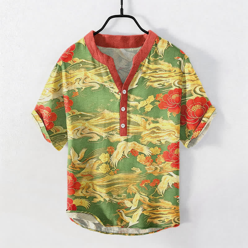 Buddha Stones Chemise homme à manches courtes et demi-boutons en coton blanc vintage à motif de grues et pivoines - LawnGreen - US/UK/AU50，EU60 (5XL) - image 7