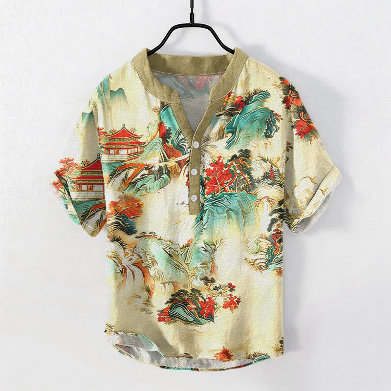 Buddha Stones Chemise homme à manches courtes et demi-boutonnée en coton, motif paysage oriental pagodes et montagnes - Lin - US/UK/AU50，EU60 (5XL) - image 0