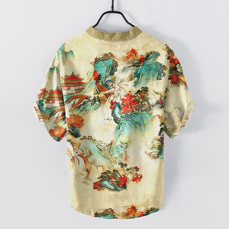 Buddha Stones Chemise homme à manches courtes et demi-boutonnée en coton, motif paysage oriental pagodes et montagnes - image 1