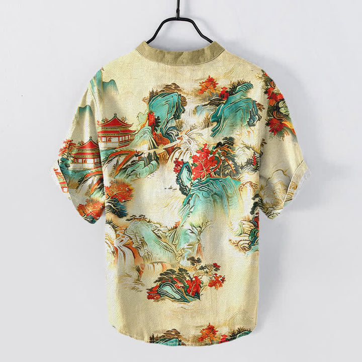 Buddha Stones Chemise homme à manches courtes et demi-boutonnée en coton, motif paysage oriental pagodes et montagnes - image 1