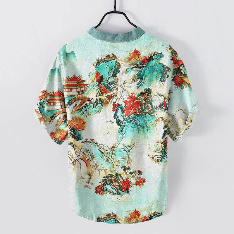 Buddha Stones Chemise homme à manches courtes et demi-boutonnée en coton, motif paysage oriental pagodes et montagnes - image 4