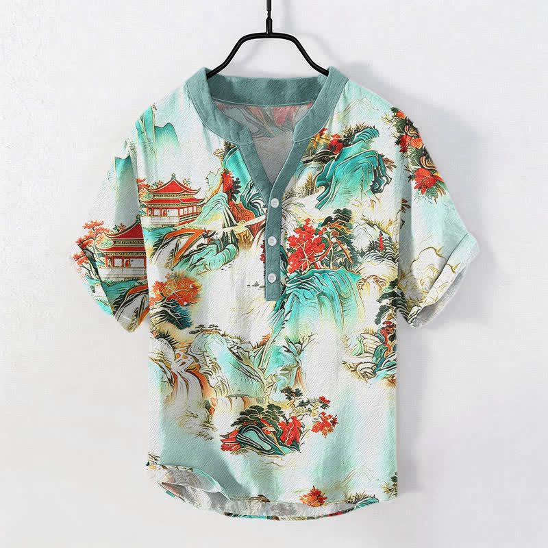 Buddha Stones Chemise homme à manches courtes et demi-boutonnée en coton, motif paysage oriental pagodes et montagnes - Turquoise pâle - US/UK/AU50，EU60 (5XL) - image 3