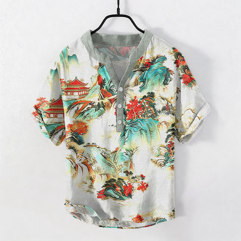 Buddha Stones Chemise homme à manches courtes et demi-boutonnée en coton, motif paysage oriental pagodes et montagnes - Ivoire - US/UK/AU50，EU60 (5XL) - image 5