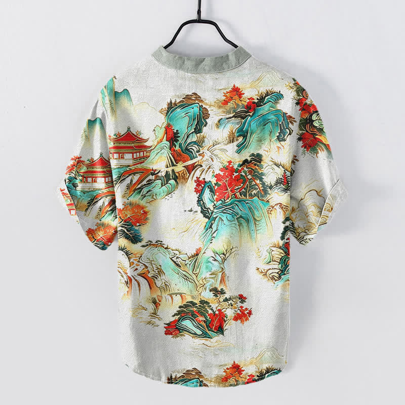 Buddha Stones Chemise homme à manches courtes et demi-boutonnée en coton, motif paysage oriental pagodes et montagnes - image 6