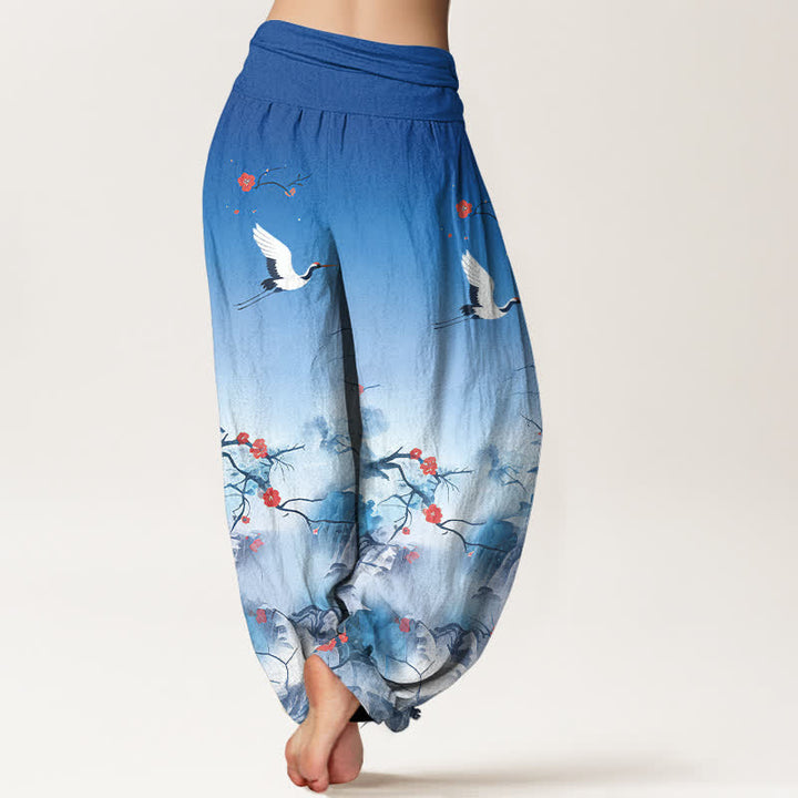 Buddha Stones Pantalon harem femme en pur coton bleu ombré à motif de fleurs de grue, taille élastique - image 1