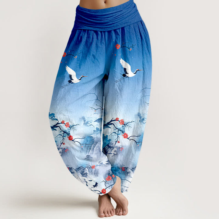 Buddha Stones Pantalon harem femme en pur coton bleu ombré à motif de fleurs de grue, taille élastique - Bleu ciel - US16，UK/AU20，EU48 (3XL) - image 0