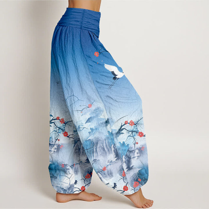 Buddha Stones Pantalon harem femme en pur coton bleu ombré à motif de fleurs de grue, taille élastique - image 2
