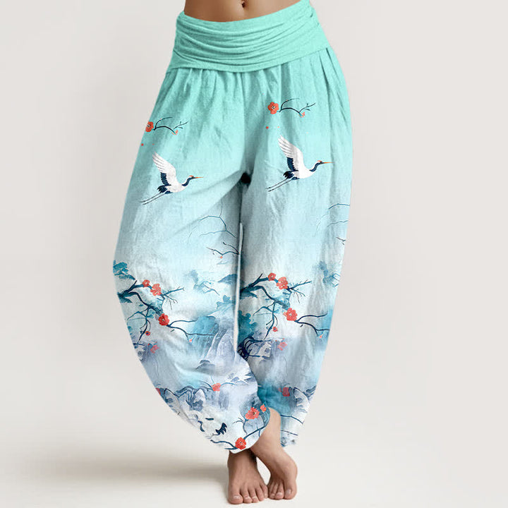 Buddha Stones Pantalon harem femme en pur coton bleu ombré à motif de fleurs de grue, taille élastique - Turquoise - US16，UK/AU20，EU48 (3XL) - image 5