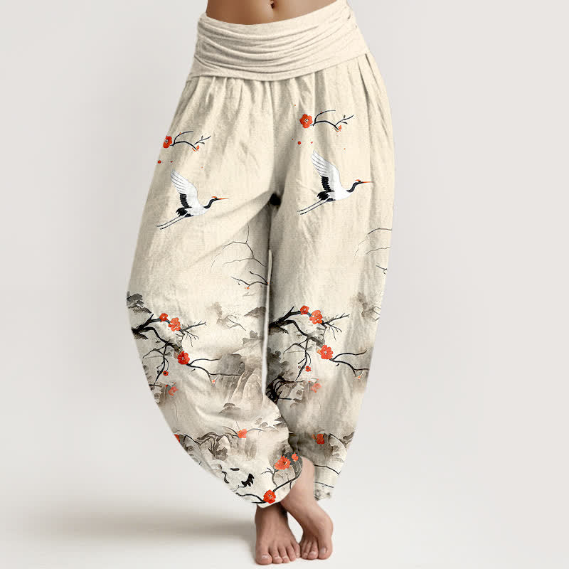 Buddha Stones Pantalon harem femme en pur coton bleu ombré à motif de fleurs de grue, taille élastique - Lin - US16，UK/AU20，EU48 (3XL) - image 8