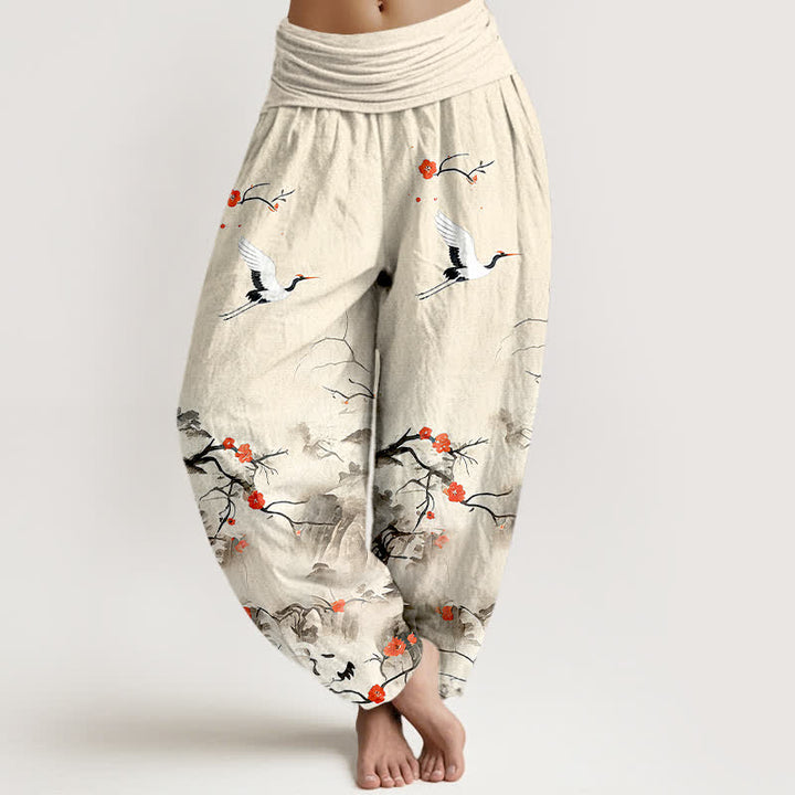 Buddha Stones Pantalon harem femme en pur coton bleu ombré à motif de fleurs de grue, taille élastique - Lin - US16，UK/AU20，EU48 (3XL) - image 8