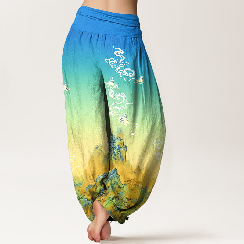 Buddha Stones Pantalon harem femme en pur coton, motif dégradé montagne, délavage à l'encre, taille élastique - image 1