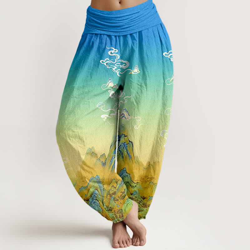 Buddha Stones Pantalon harem femme en pur coton, motif dégradé montagne, délavage à l'encre, taille élastique - Turquoise - US16，UK/AU20，EU48 (3XL) - image 0