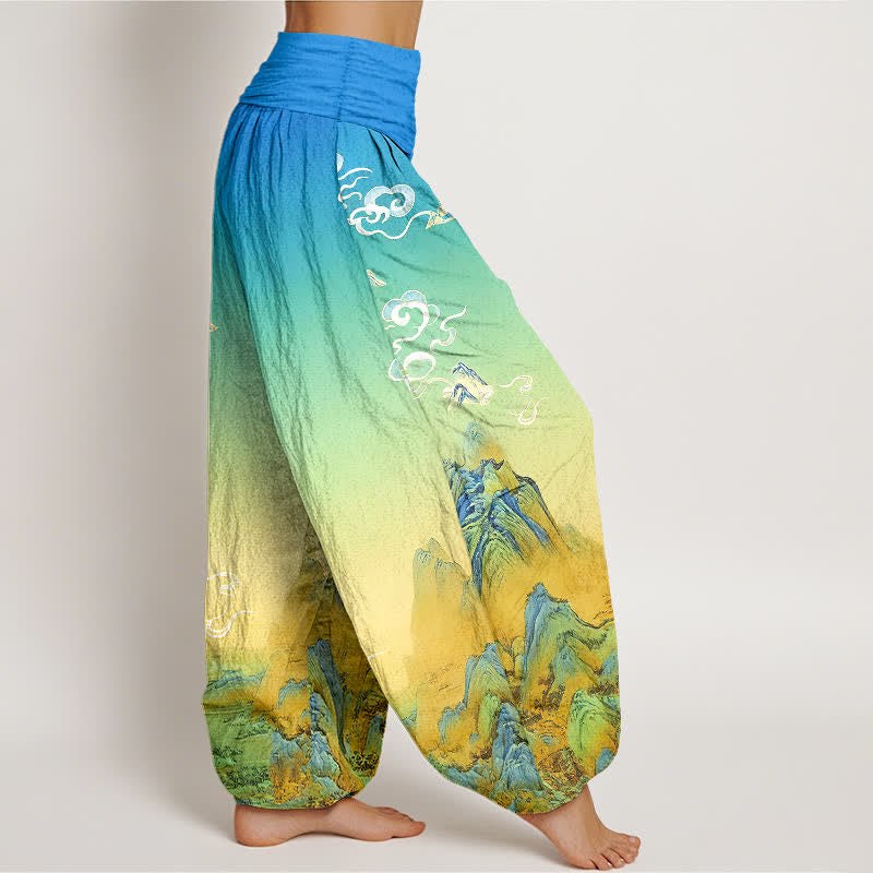 Buddha Stones Pantalon harem femme en pur coton, motif dégradé montagne, délavage à l'encre, taille élastique - image 2