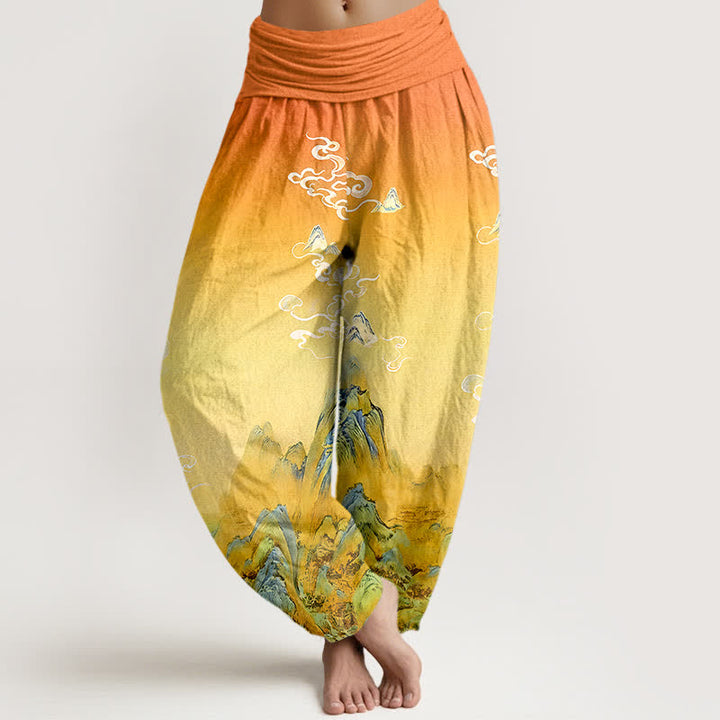 Buddha Stones Pantalon harem femme en pur coton, motif dégradé montagne, délavage à l'encre, taille élastique - verge d'or - US16，UK/AU20，EU48 (3XL) - image 8