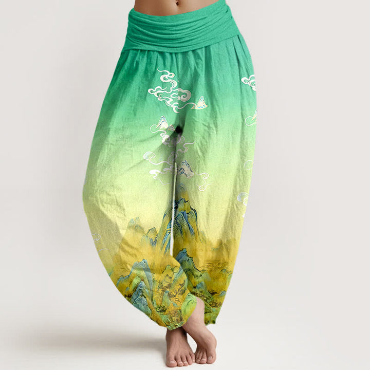 Buddha Stones Pantalon harem femme en pur coton, motif dégradé montagne, délavage à l'encre, taille élastique - Vert mer moyen - US16，UK/AU20，EU48 (3XL) - image 5